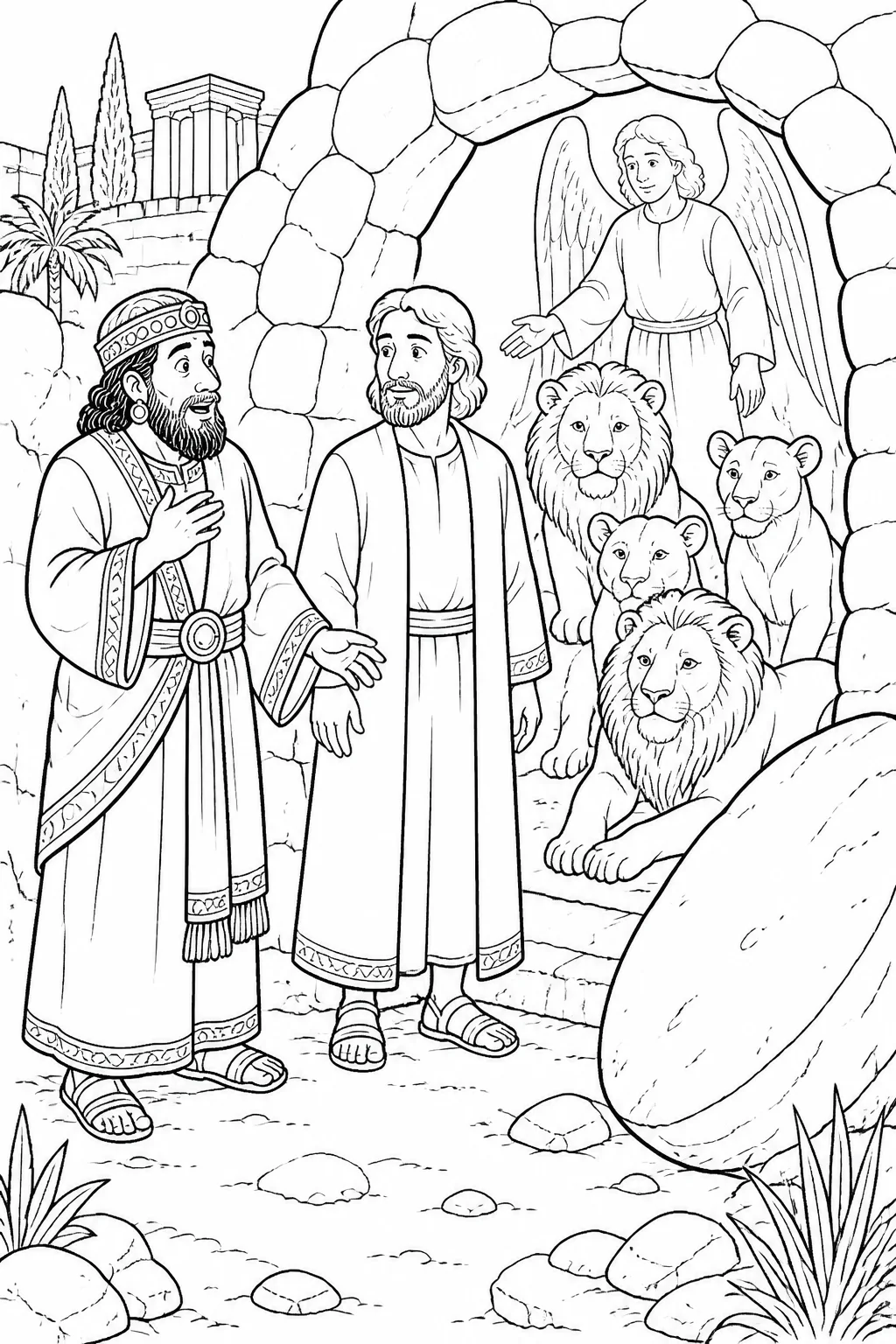 Daniel stands beside the opened lions’ den while King Darius looks on; calm lions remain inside, and an angel represents God’s reported protection.