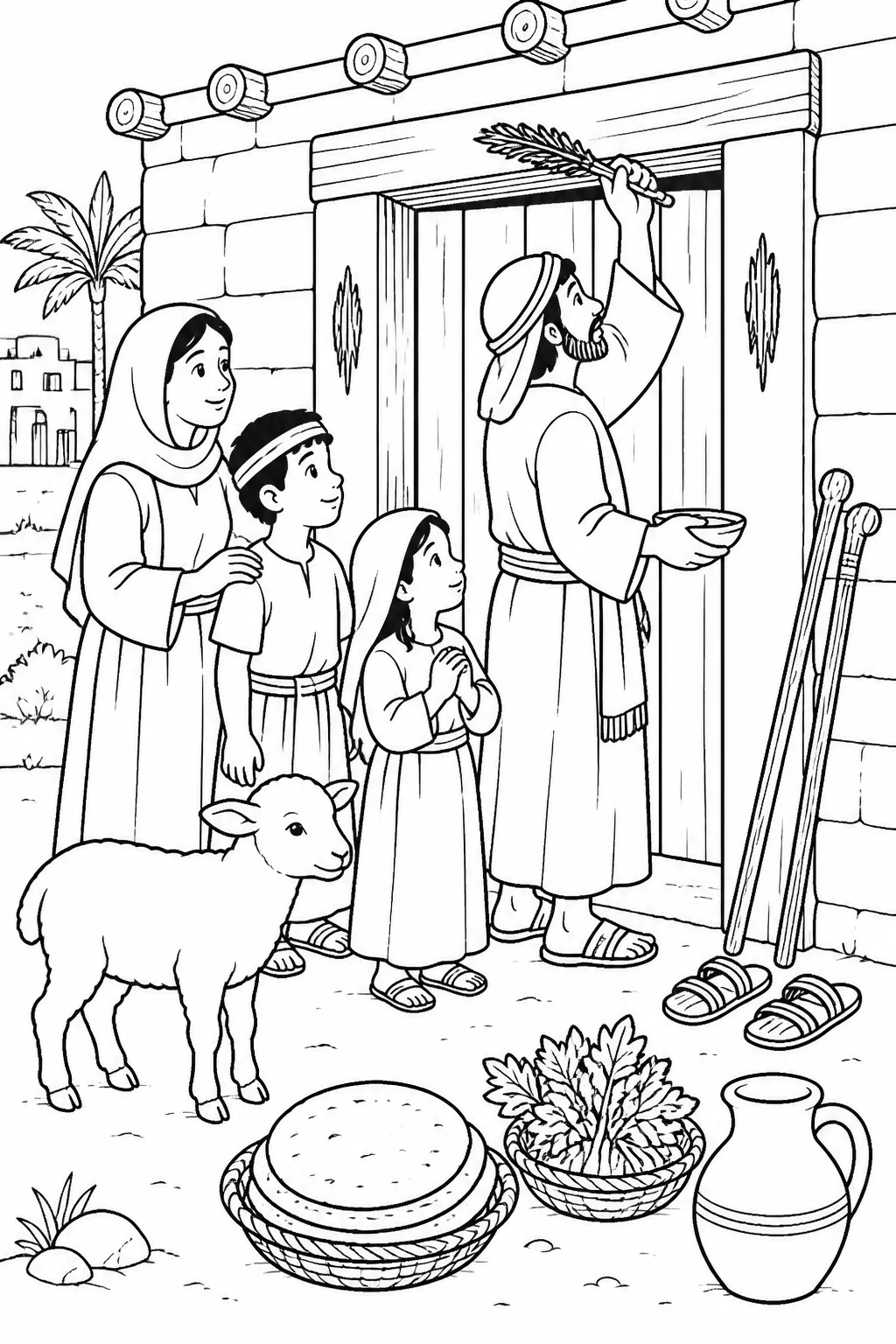 An Israelite family near its home prepares for the first Passover as an adult marks the doorway and lamb, unleavened bread, bitter herbs, staffs, and sandals represent the instructions in Exodus 12:1-13.