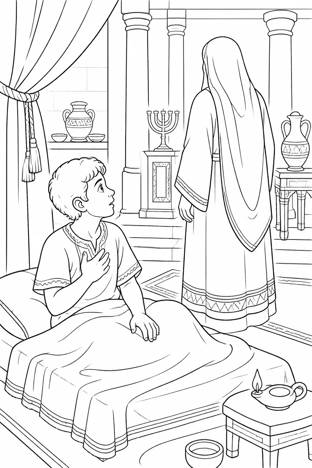 Samuel listening reverently in the LORD’s temple as the LORD calls him and gives a serious message, based on 1 Samuel 3:10-14.