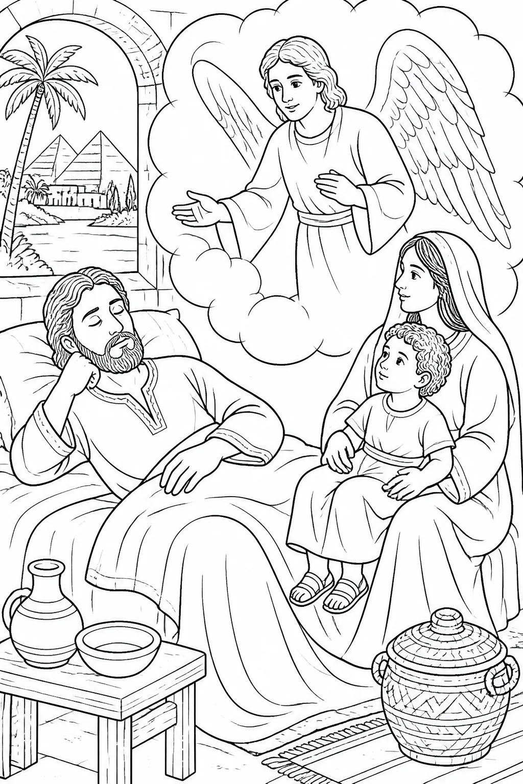 Joseph receives an angel’s message in a dream in Egypt to take Jesus and Mary back to Israel because those seeking the child’s life are dead.