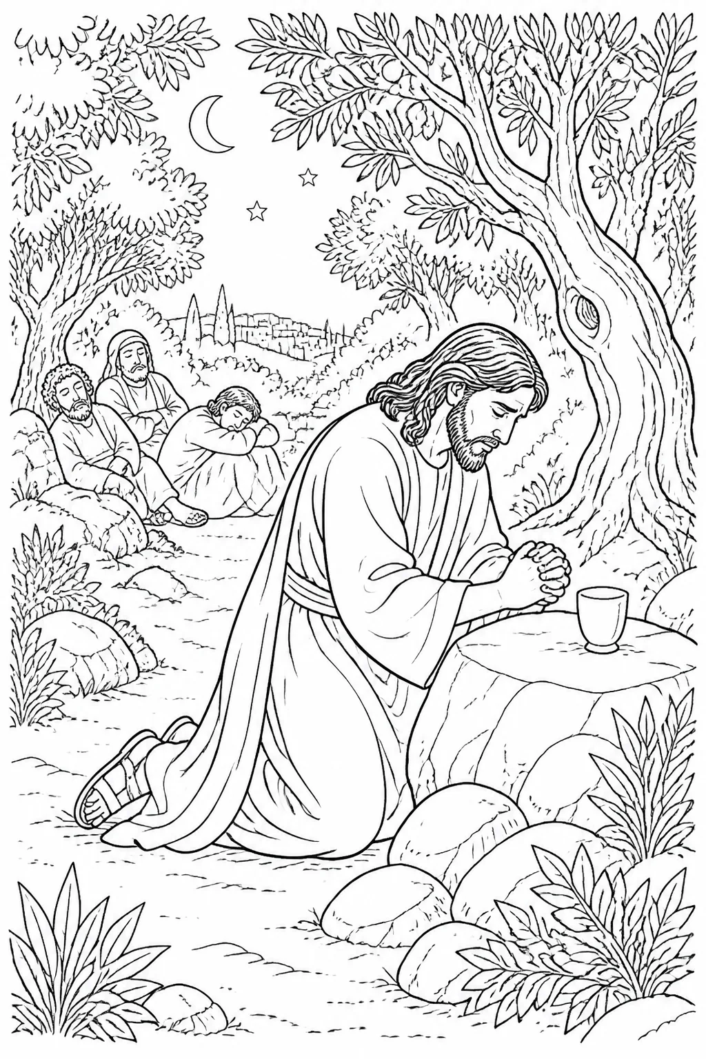 Jesus kneeling in prayer a little apart from the disciples among the trees of Gethsemane, with a simple cup symbol connected to his prayer.