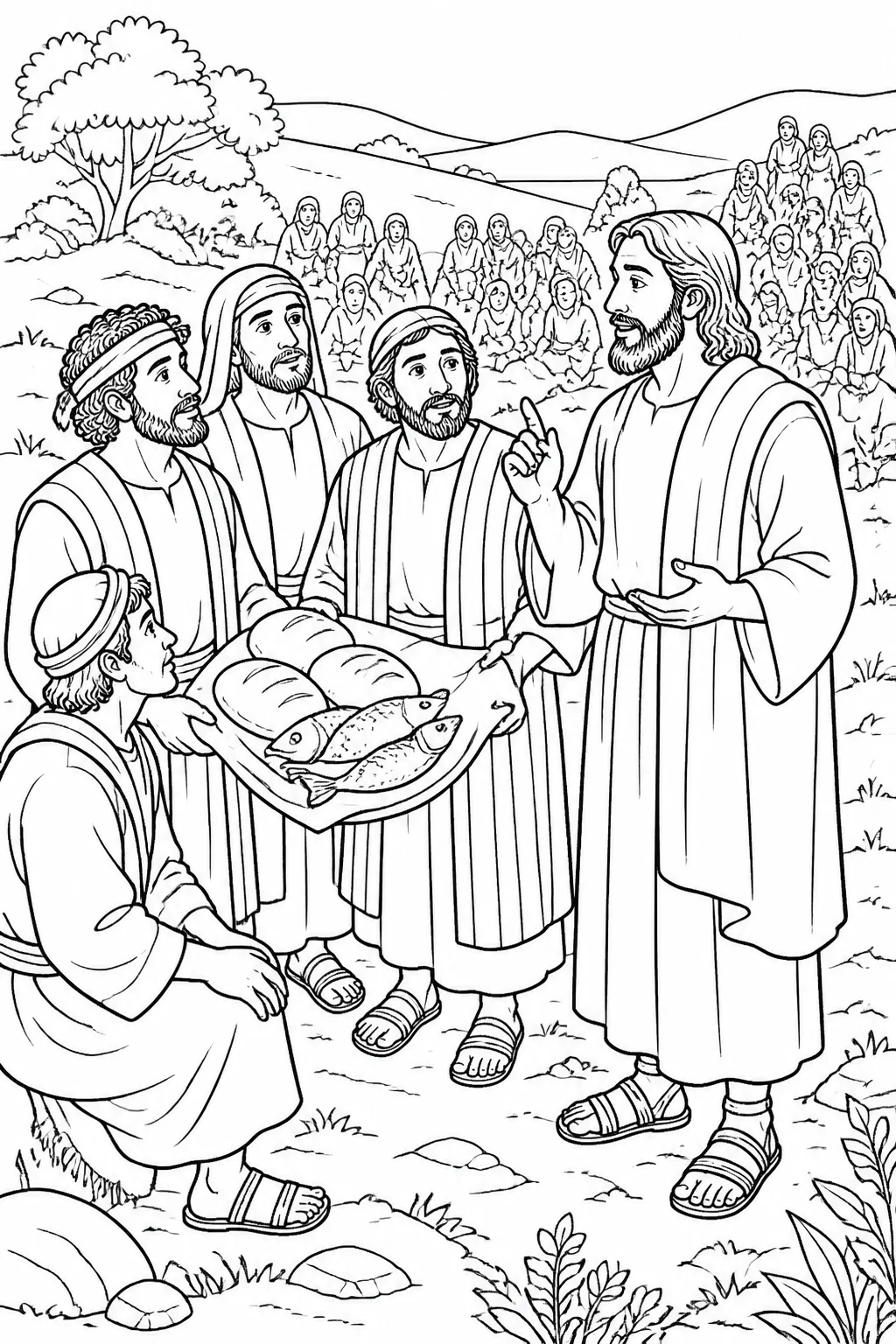 Jesus listens as the disciples discuss feeding the crowd in a solitary place, with five loaves and two fish shown in the scene.