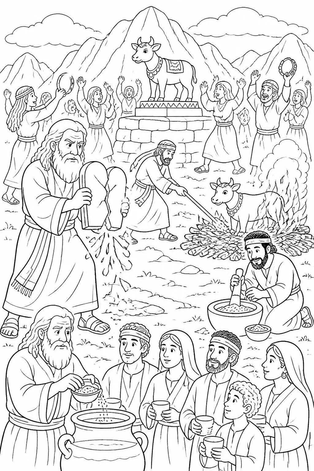 Moses at the foot of Mount Sinai after seeing the golden calf and dancing, with the broken covenant tablets, destroyed calf, and water described in Exodus 32:19-20.