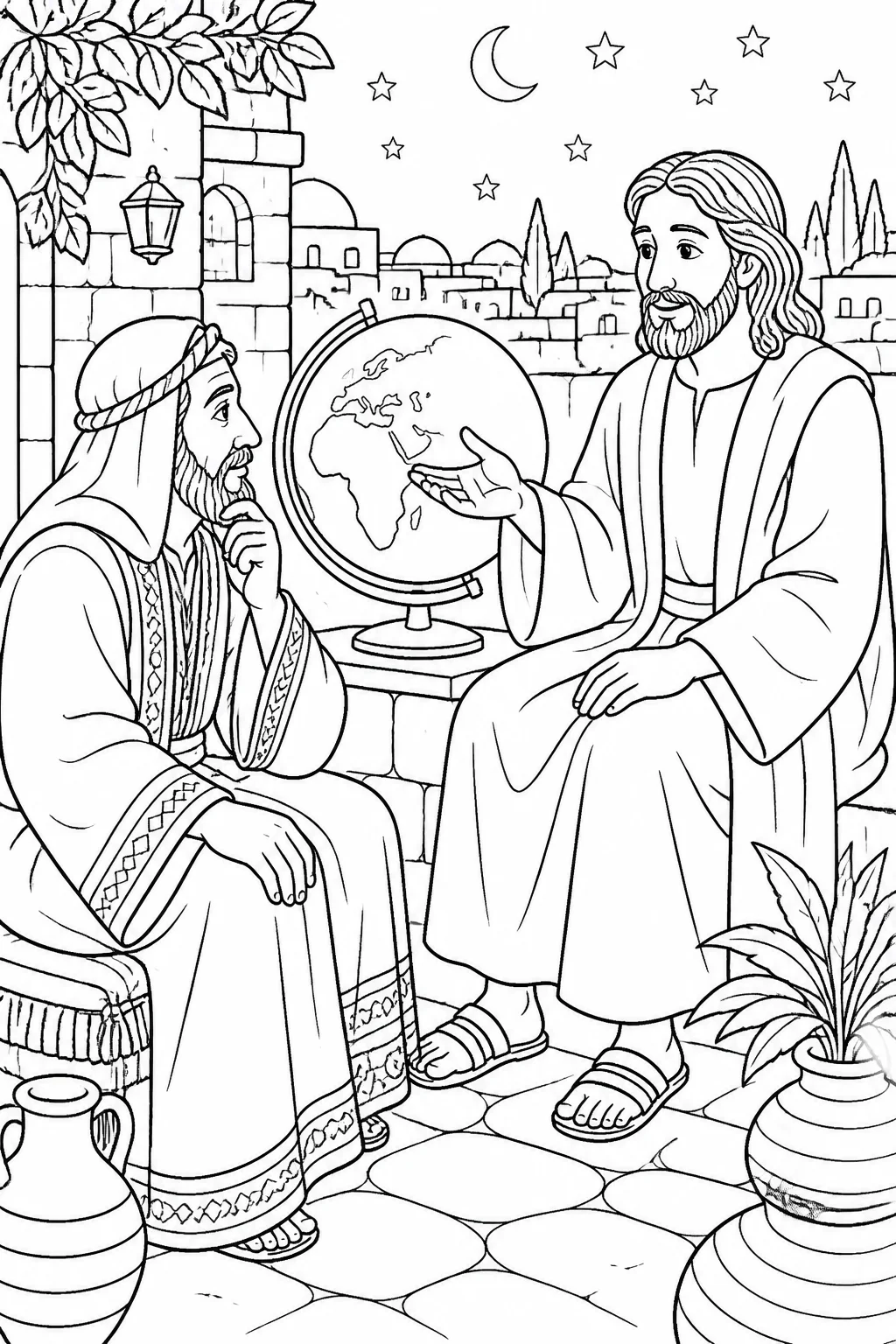 Symbolic illustration concept of Jesus teaching beside a simple world symbol about God’s love for the world and eternal life through belief in the Son.