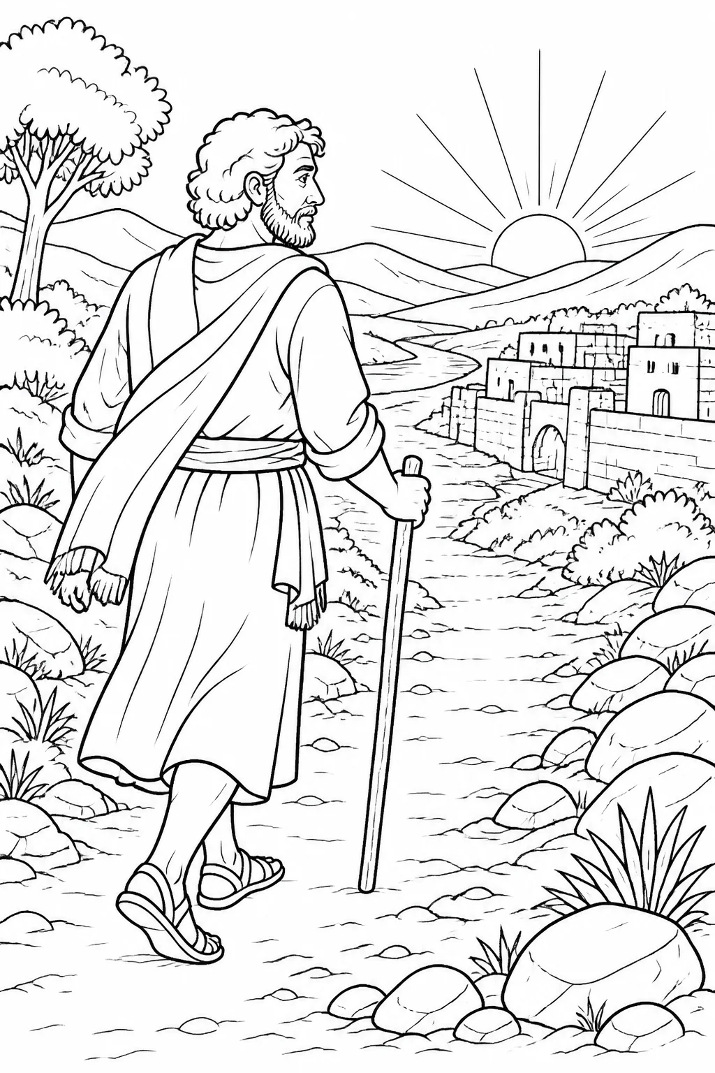 Jacob walking with a gentle limp at sunrise as he passes Penuel, showing a lasting reminder of his night encounter.