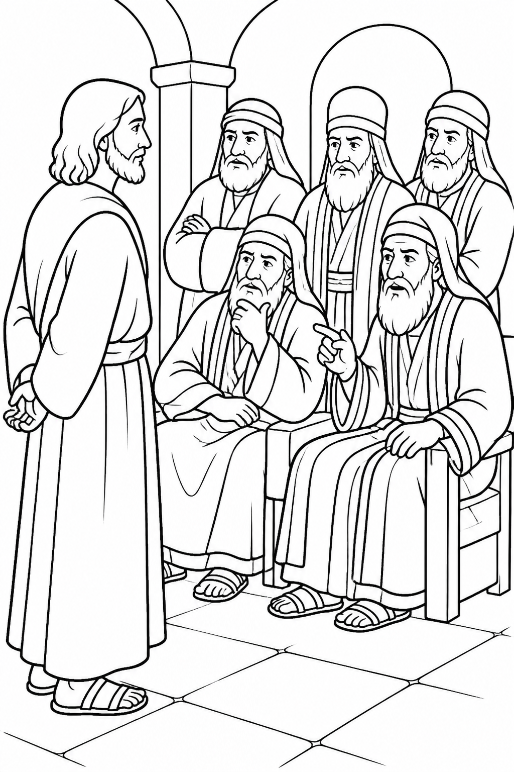The Council Questions Jesus from Jesus Is Arrested and Tried Bible coloring page