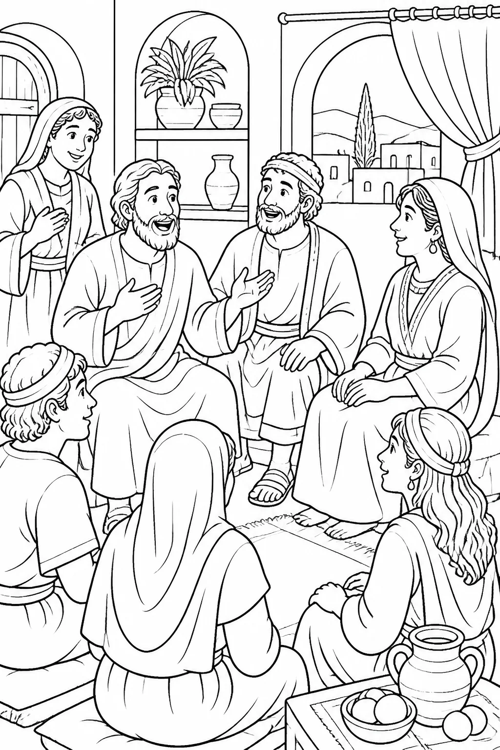 Encouraging Friends at Lydia’s House from Paul and Silas Sing in Prison Bible coloring page