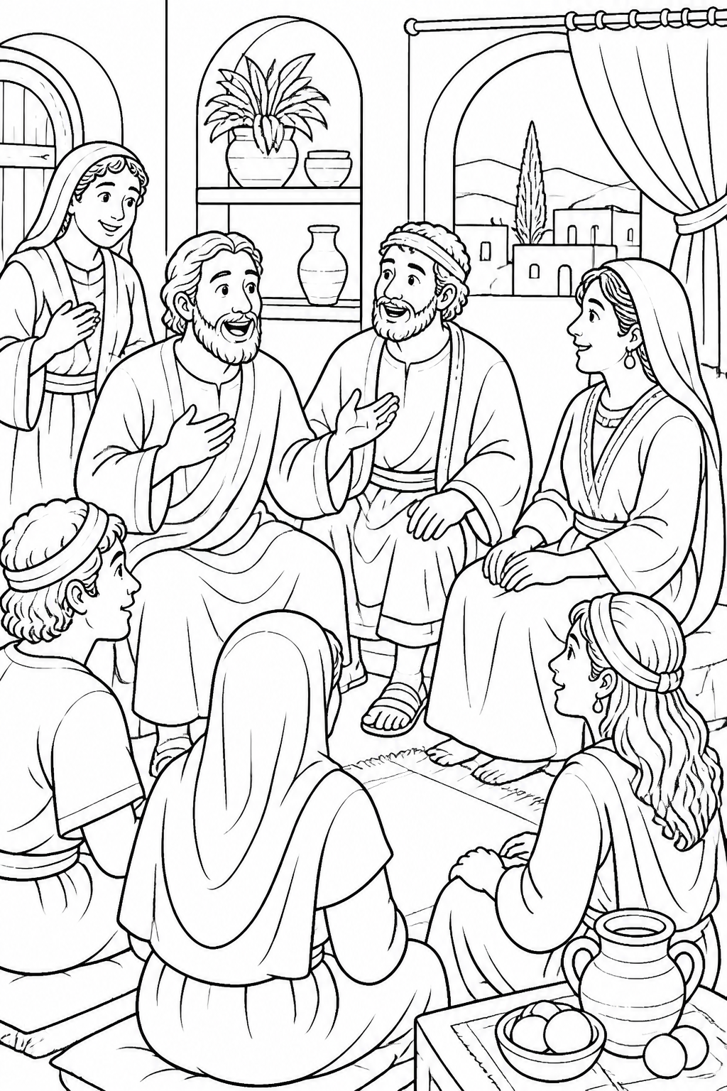 Encouraging Friends at Lydia’s House from Paul and Silas Sing in Prison Bible coloring page