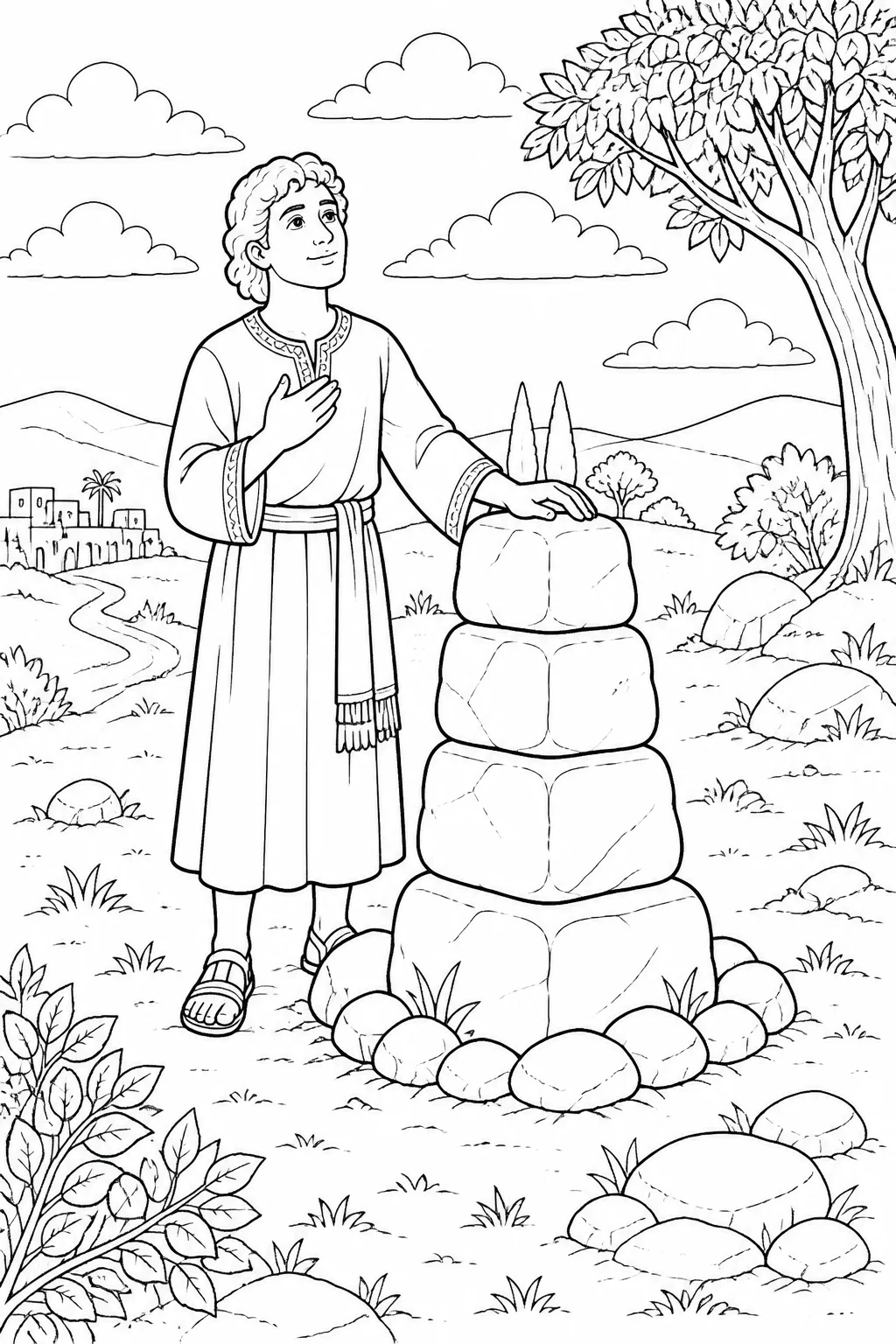 Jacob beside a stone pillar as he names the place Bethel, previously called Luz, from Genesis 28:18–19.