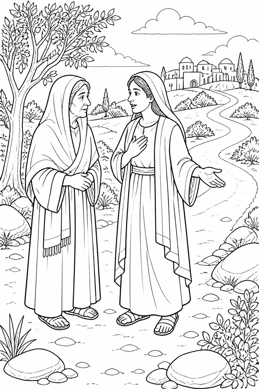 Ruth and Naomi standing together on the road from Moab toward Bethlehem as Ruth promises to remain with Naomi.