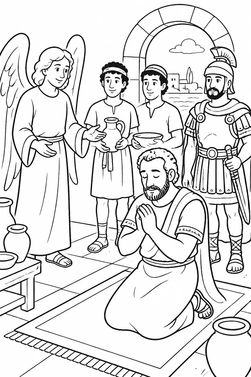 Cornelius kneeling in prayer inside his home while an angel gives him a message; two household servants and a devout soldier are ready to receive his instructions.