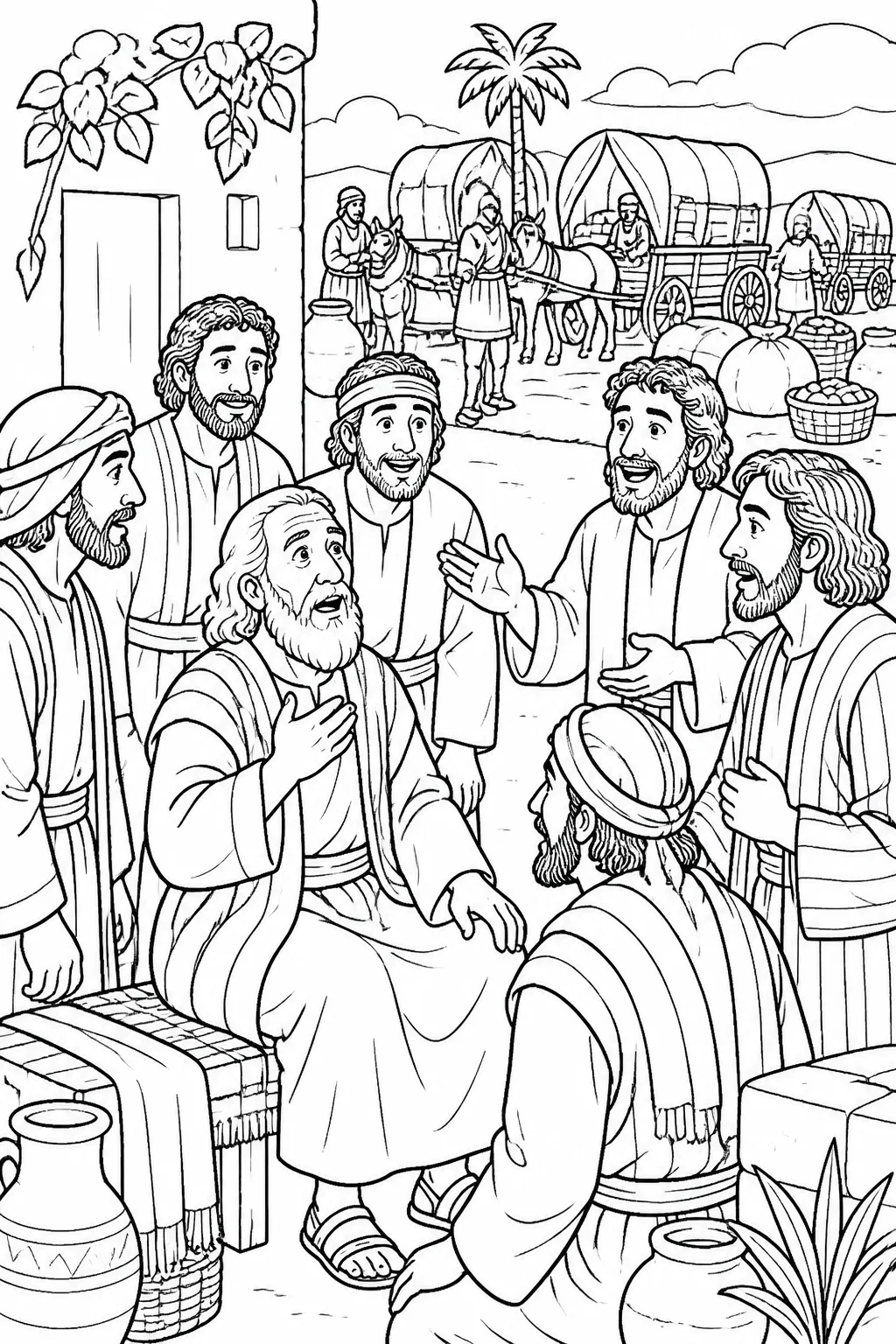 Jacob and his household hear that Joseph is alive while Egyptian wagons and provisions stand nearby in Canaan.