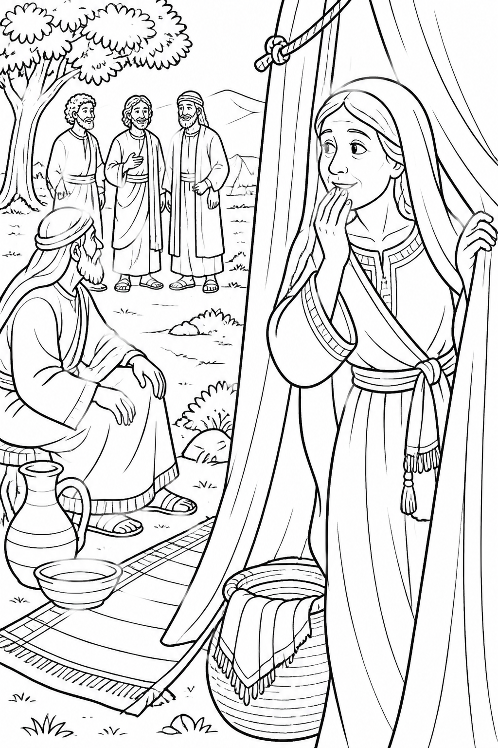 Sarah Hears the Surprising Promise from Abraham Welcomes Three Visitors Bible coloring page