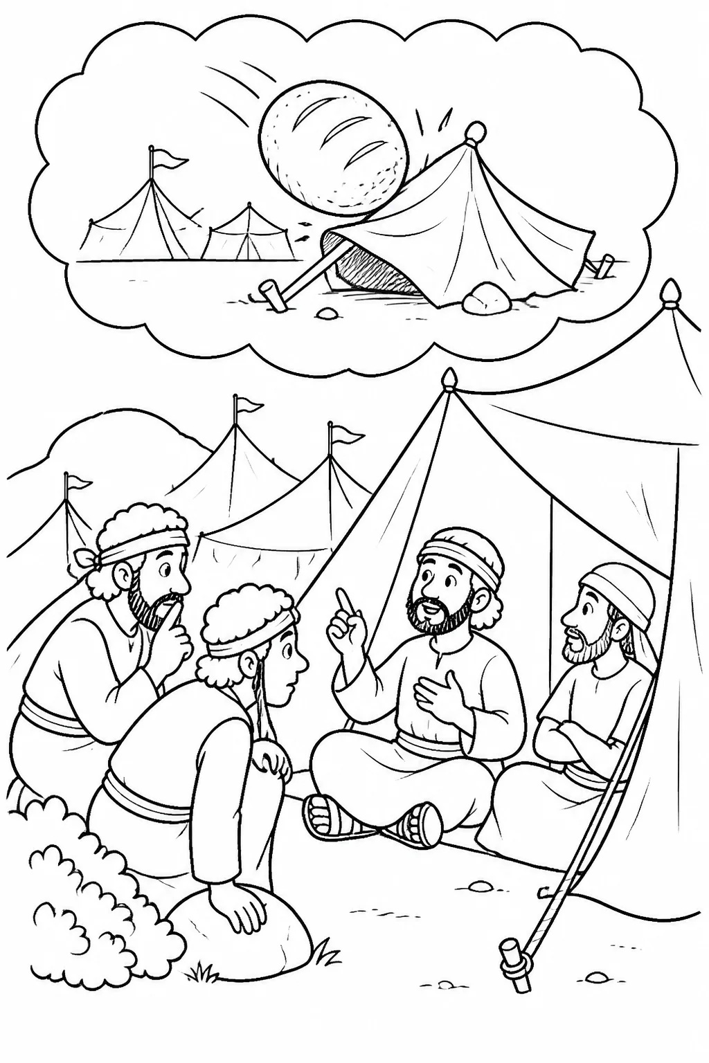 Gideon and Purah listen near a tent at the Midianite camp while a symbolic barley loaf dream overturns a tent.
