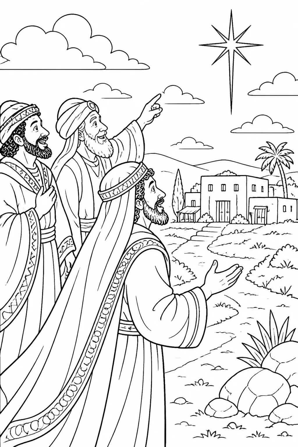 Magi from the east follow a star toward the place where Jesus is and rejoice when the star rests over the house.