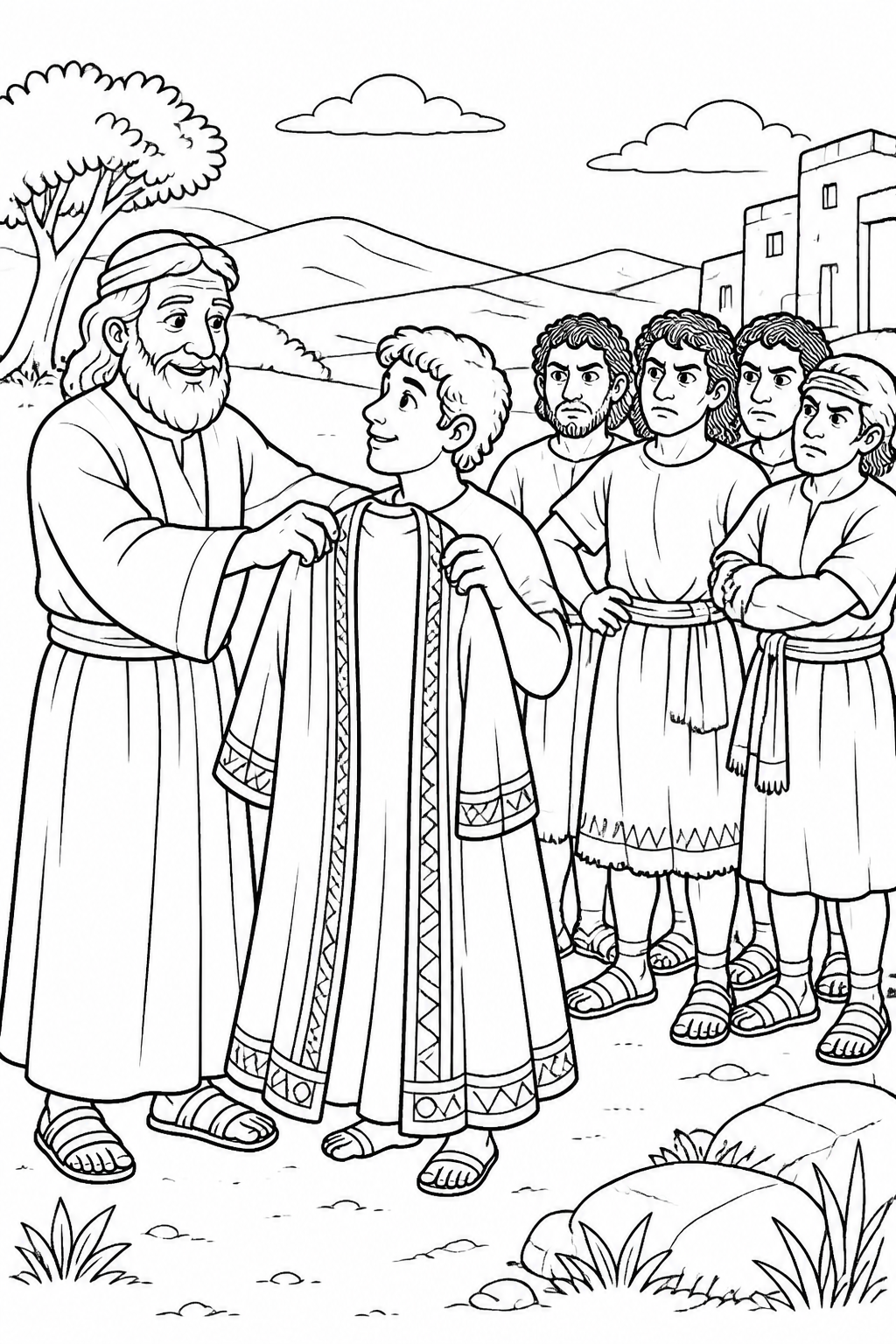 Joseph Receives a Special Garment from Joseph and His Brothers Bible coloring page