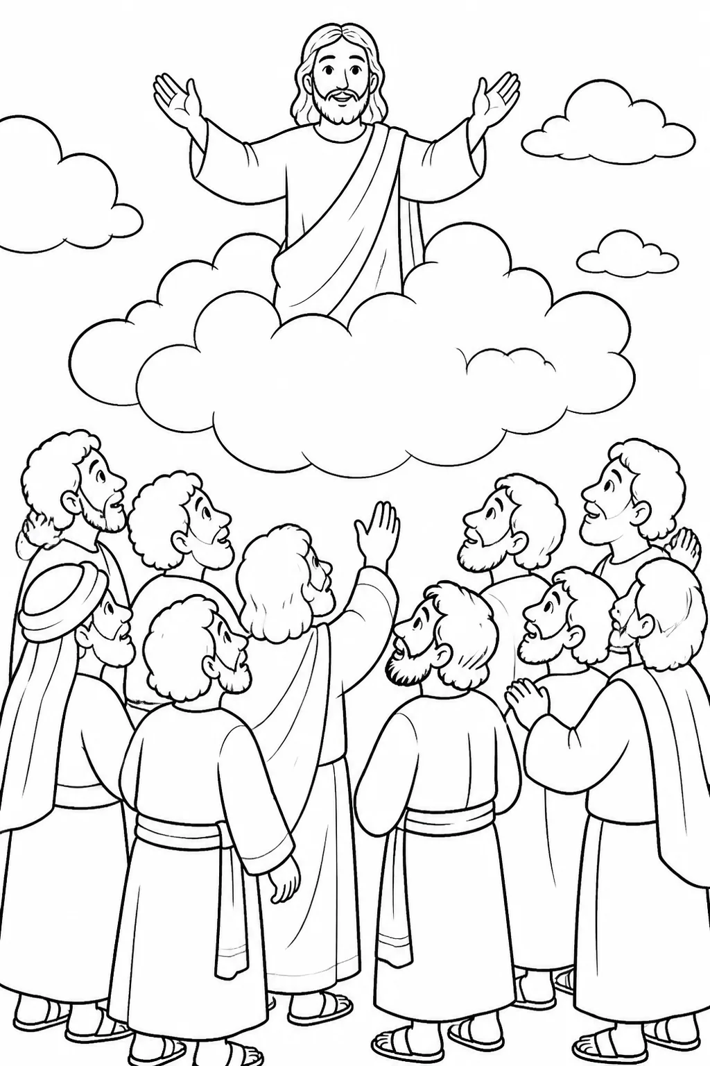 Jesus blessing the apostles as a cloud hides him from their sight beneath an open sky.