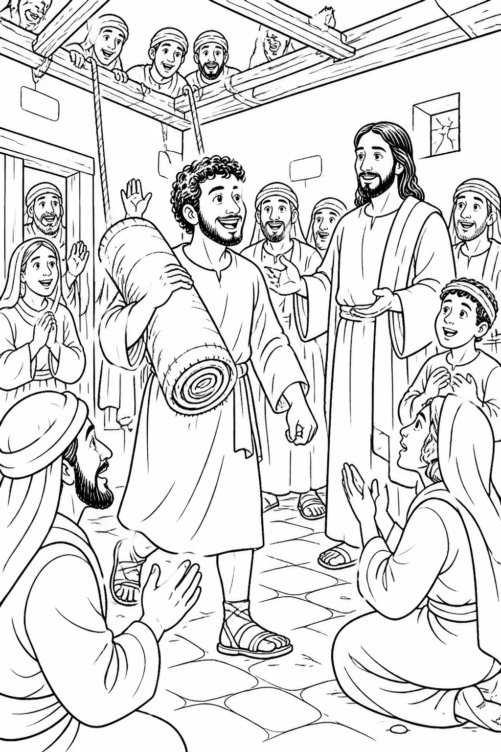 Jesus and a crowd watch as the healed man carries his mat away after Jesus commands him to get up and go home.
