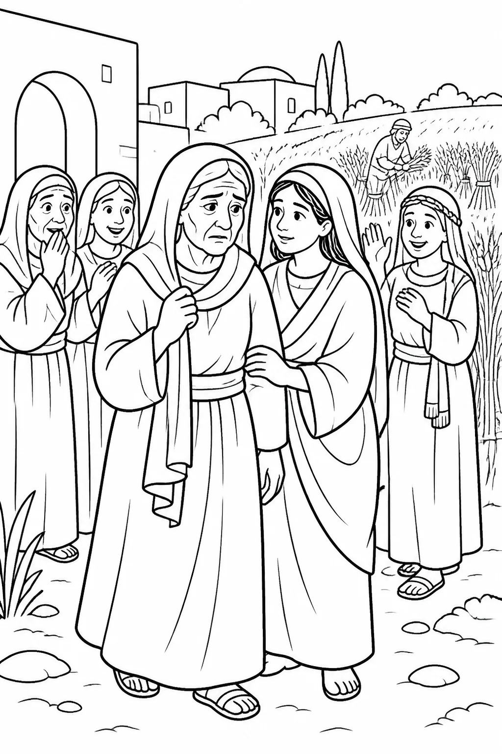 Naomi and Ruth return together to Bethlehem as women of the town notice them, with barley fields beginning to harvest nearby.