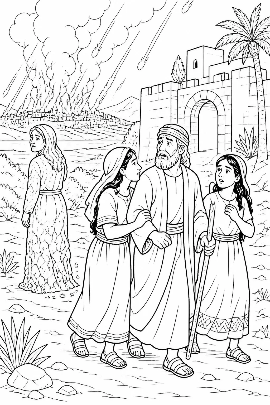 Lot, his wife, and his two daughters reach Zoar before the destruction of Sodom and Gomorrah; Lot’s wife turns back and becomes a pillar of salt.