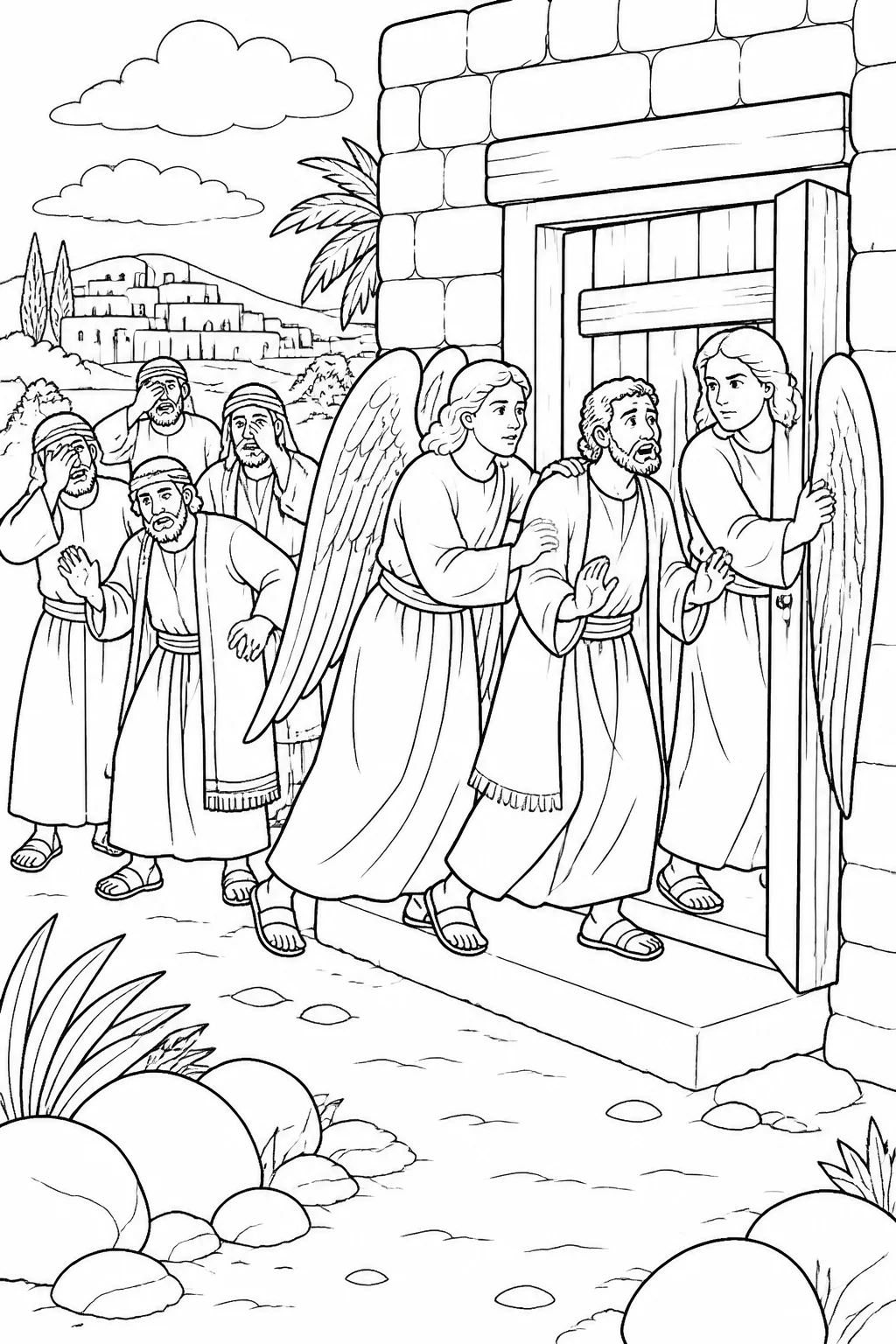 Lot stands by his house door as two angels pull him inside while men from Sodom surround the house.