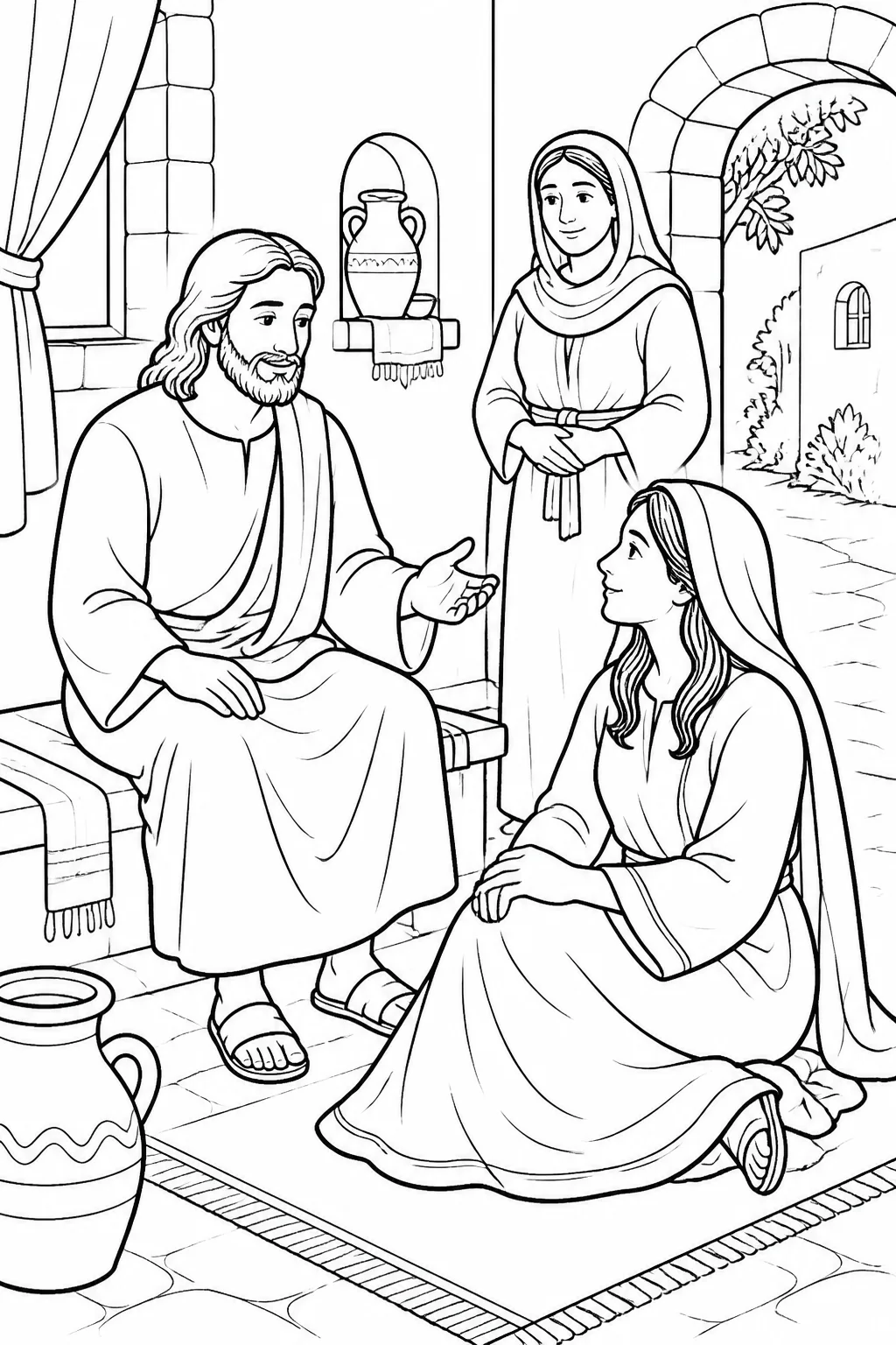 Mary sitting at Jesus’ feet in Martha’s home and listening attentively to Jesus’ teaching.