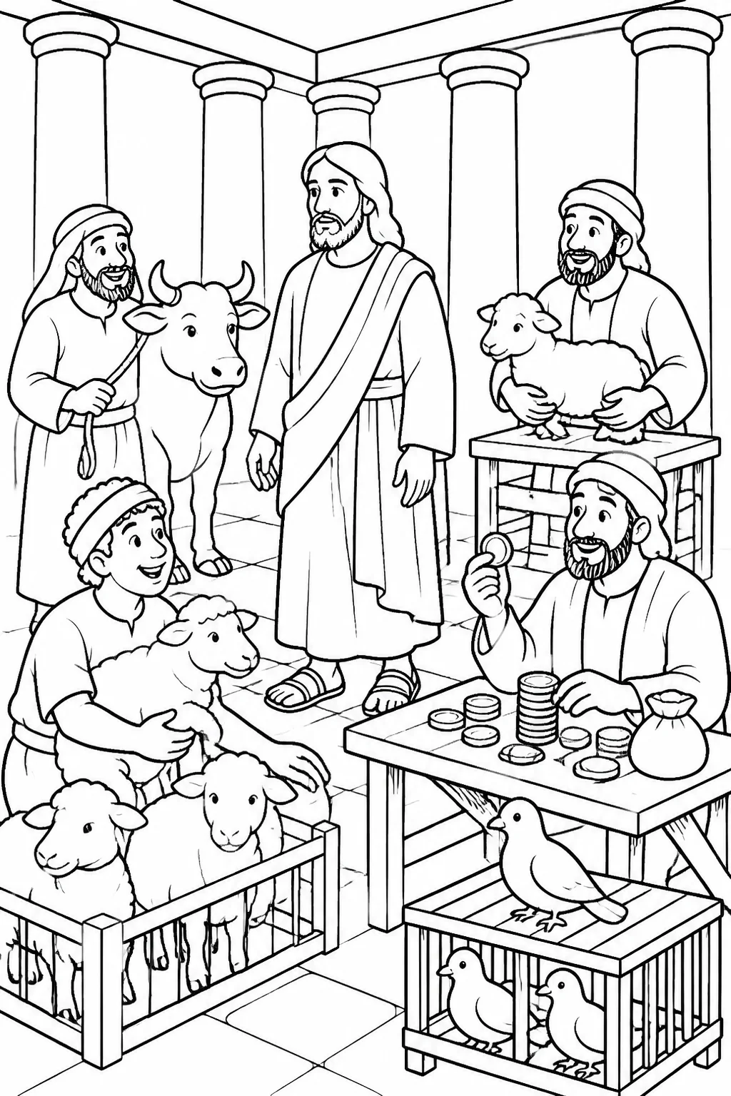 Jesus stands in the temple courts while sellers of oxen, sheep, and doves and money changers with tables are present, based on John 2:14.