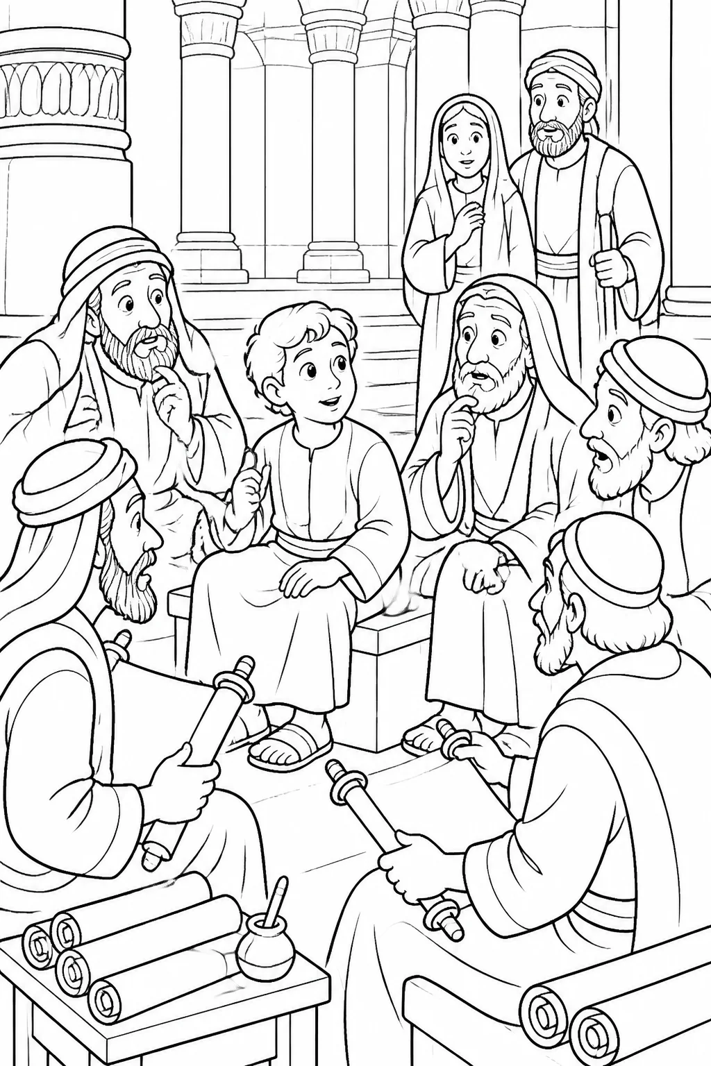 Twelve-year-old Jesus sits among temple teachers, listening and asking questions, while Mary and Joseph arrive nearby.