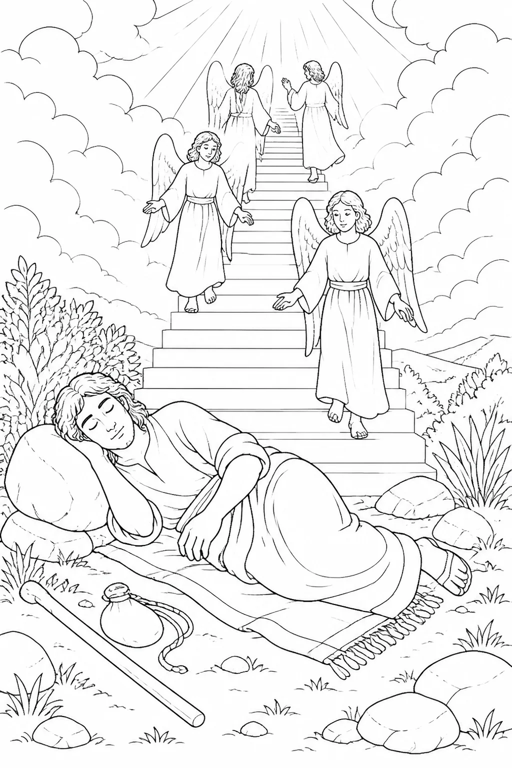 Jacob rests on the ground while dreaming of angels moving up and down a stairway or flight of steps reaching from earth to heaven.