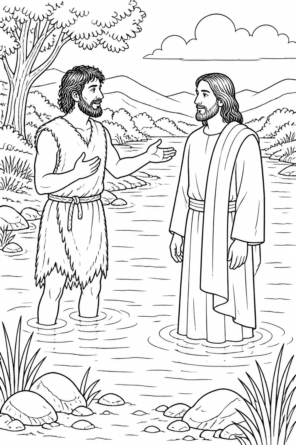 Jesus and John the Baptist stand together at the Jordan River as John permits Jesus to be baptized, with water visible.