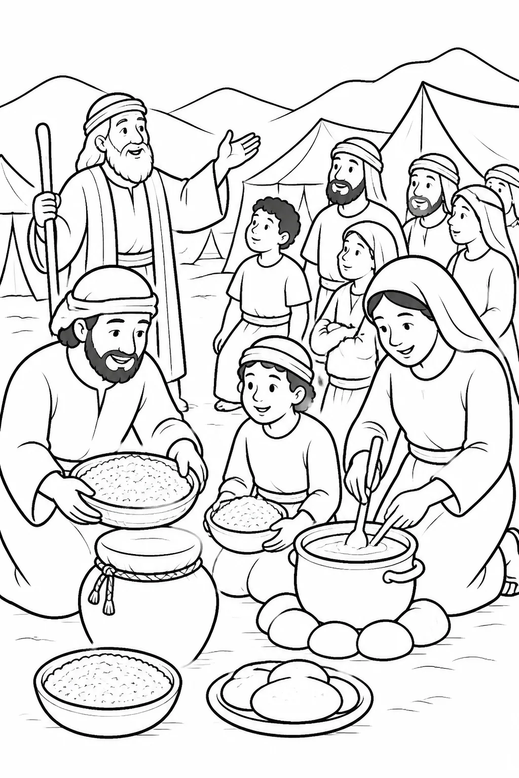 Moses teaches Israelites in the camp as they keep the double portion of manna gathered before the Sabbath, with prepared food and cooking vessels nearby.