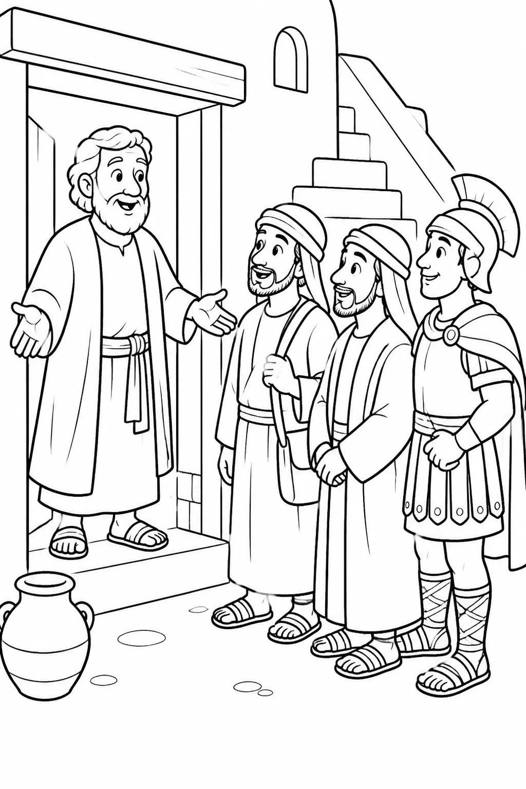 Peter meeting Cornelius’s two household servants and a devout soldier at Simon the tanner’s house in Joppa.