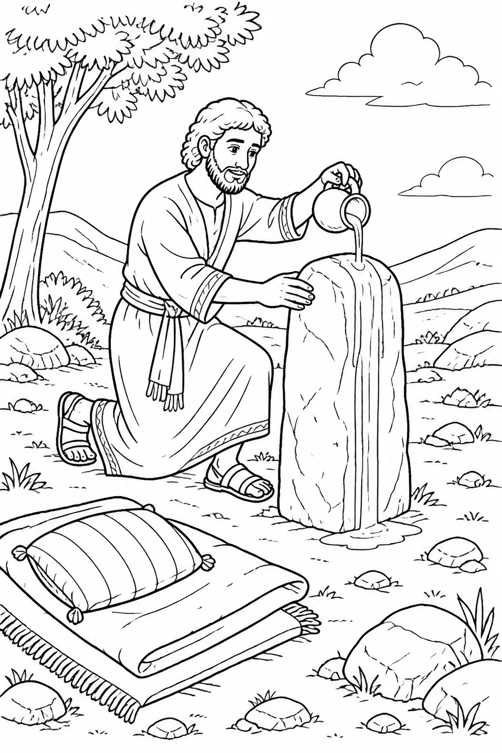 Jacob sets up the stone he used as a pillow as a pillar and pours oil on it before naming the place Bethel.