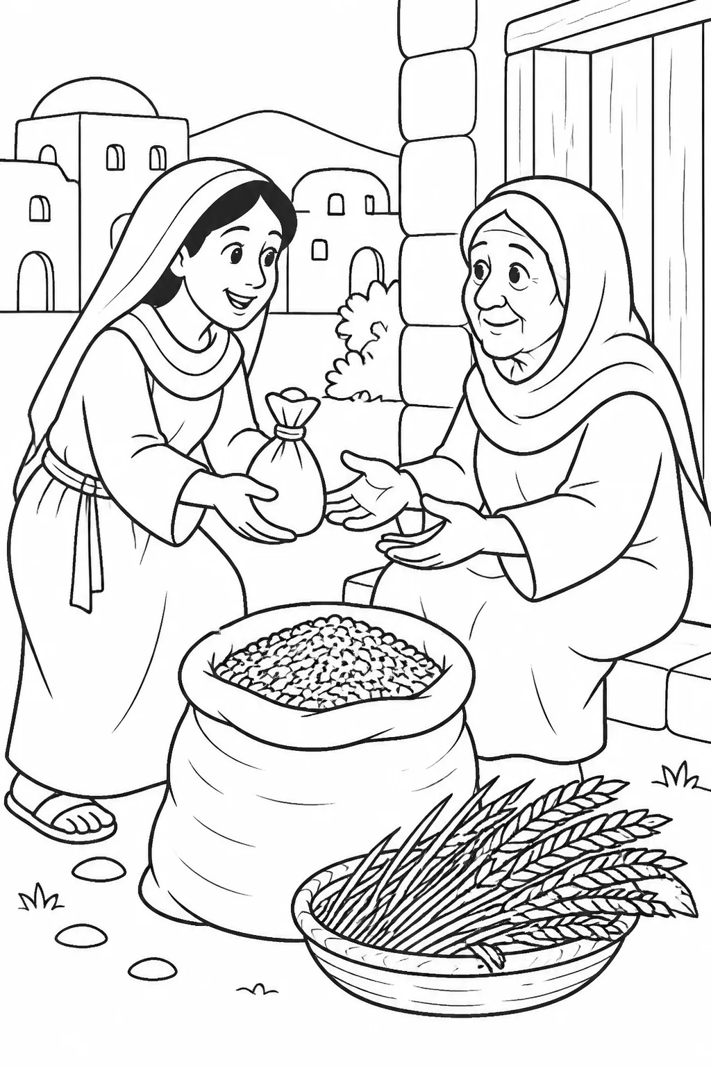 Ruth brings gathered barley and food saved from a meal to Naomi in Bethlehem after gleaning in Boaz’s field.