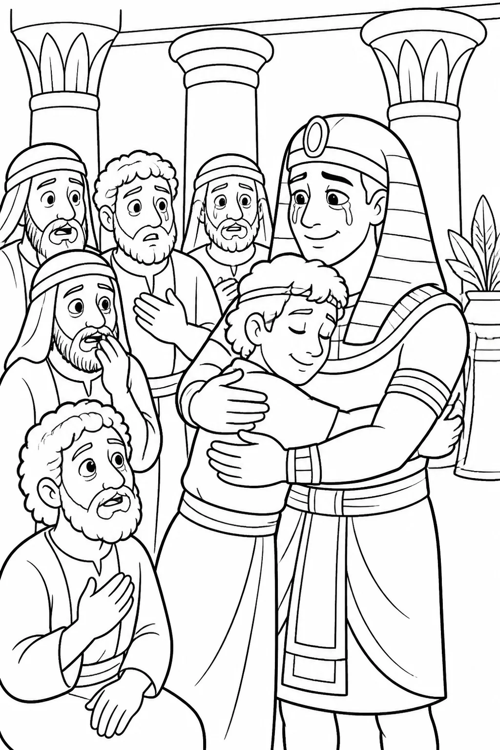 Joseph reveals his identity to his brothers in his Egyptian residence; Benjamin embraces him while the brothers listen.