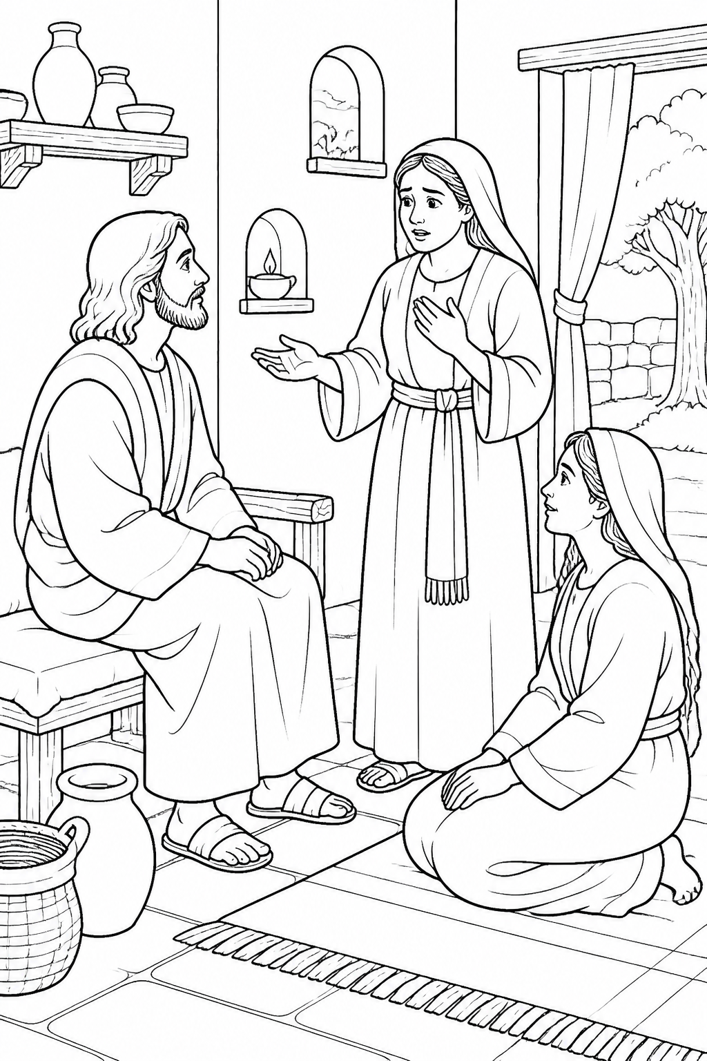 Martha Asks Jesus for Help from Jesus Visits Mary and Martha Bible coloring page