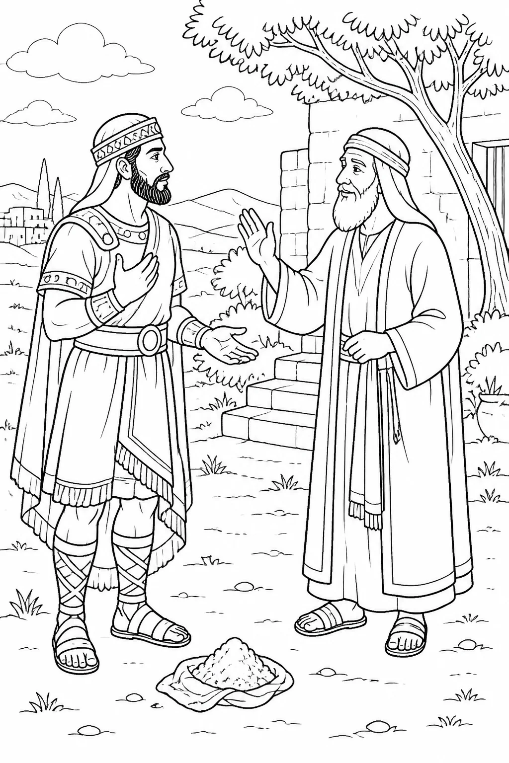 Naaman speaks with Elisha after his healing and receives a peaceful farewell, with a small amount of earth from Israel nearby.