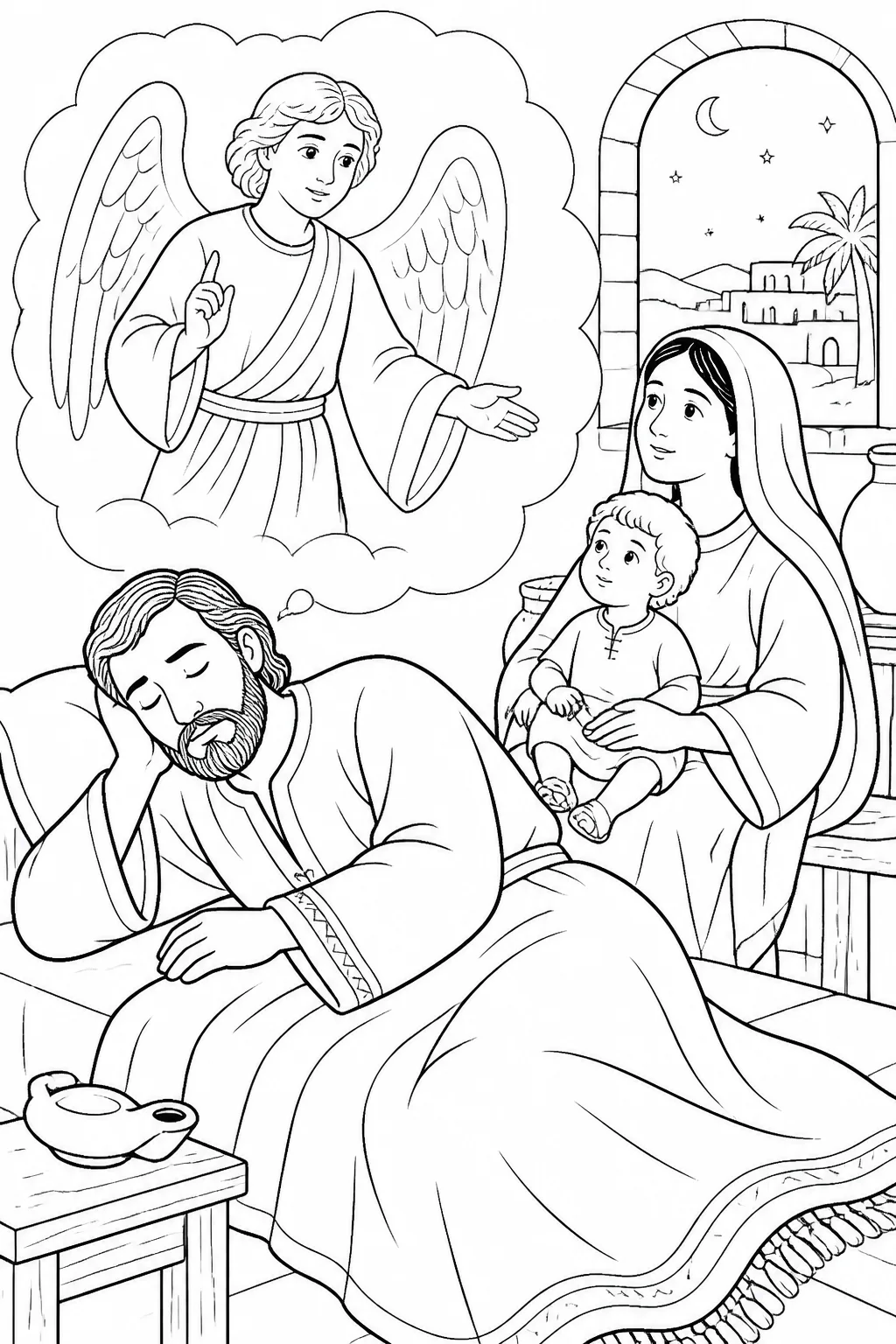 Joseph receives a warning from an angel of the Lord in a dream to take Jesus and Mary to Egypt for the child’s protection.