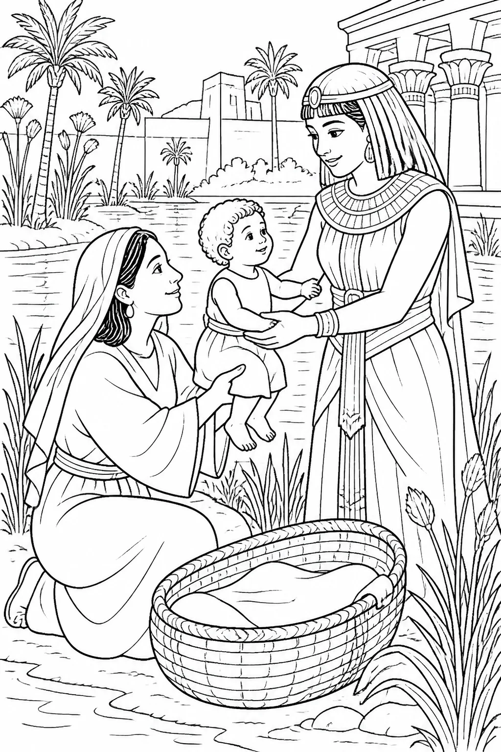 Moses with his mother and Pharaoh’s daughter beside a water setting, representing Moses being welcomed as her son and named Moses because he was drawn from the water.
