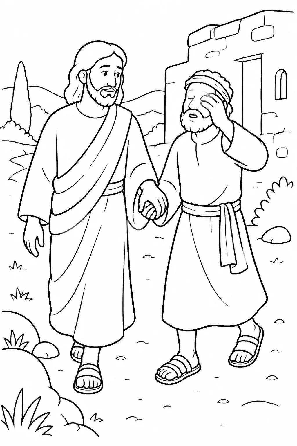 Jesus leads a blind man by the hand outside the village and asks whether he sees anything after placing His hands on the man’s eyes.