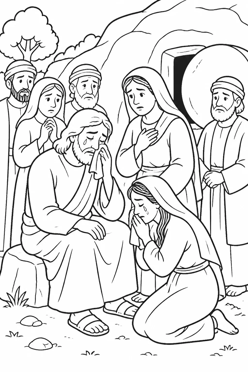 Jesus weeps with Mary, Martha, and Jews who came to comfort them near Lazarus’s tomb, with the stone-covered tomb in the background.