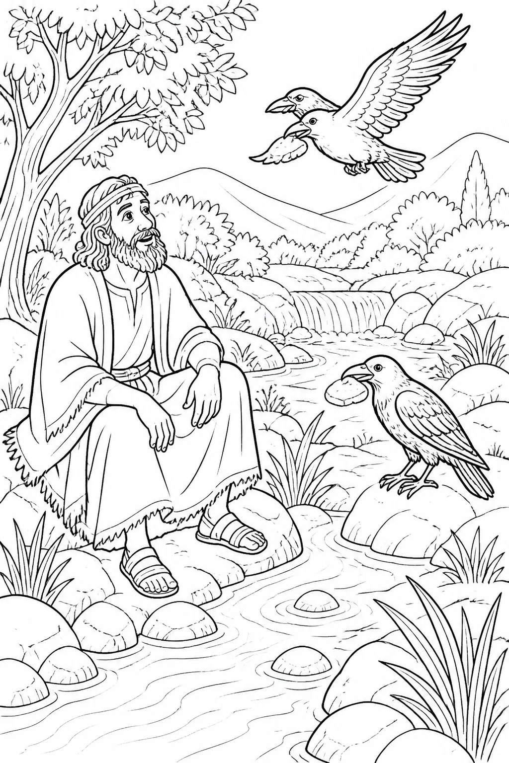 Elijah beside the Brook Cherith with nearby ravens and flowing water, illustrating 1 Kings 17:2-4.