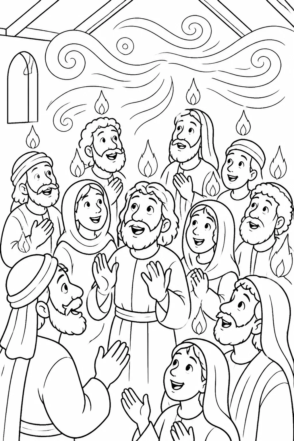 The apostles and other believers gathered in one place as swirling lines represent a sound like rushing wind and divided tongues resembling fire rest above each believer.