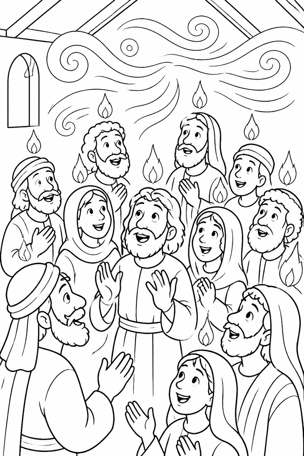 Wind and Fire-Like Signs from The Holy Spirit Comes at Pentecost Bible coloring page