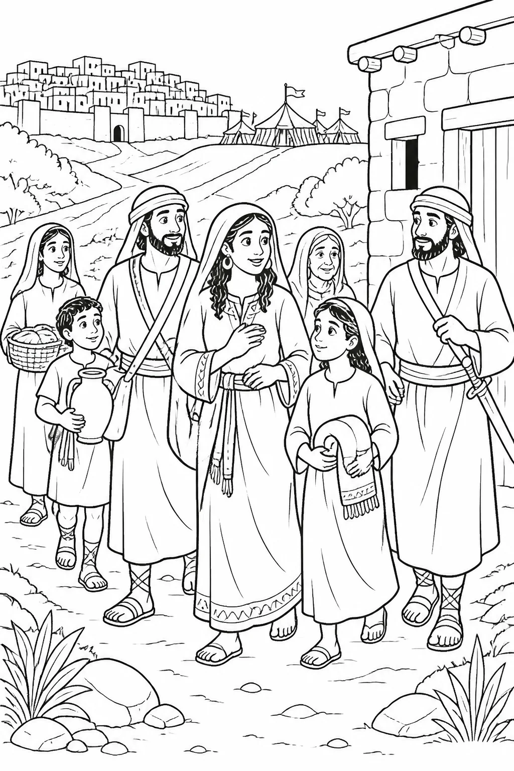 Rahab and Her Household Are Brought to Safety from The Walls of Jericho Fall Bible coloring page