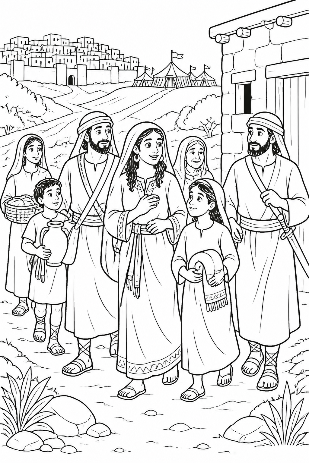 Rahab and Her Household Are Brought to Safety from The Walls of Jericho Fall Bible coloring page