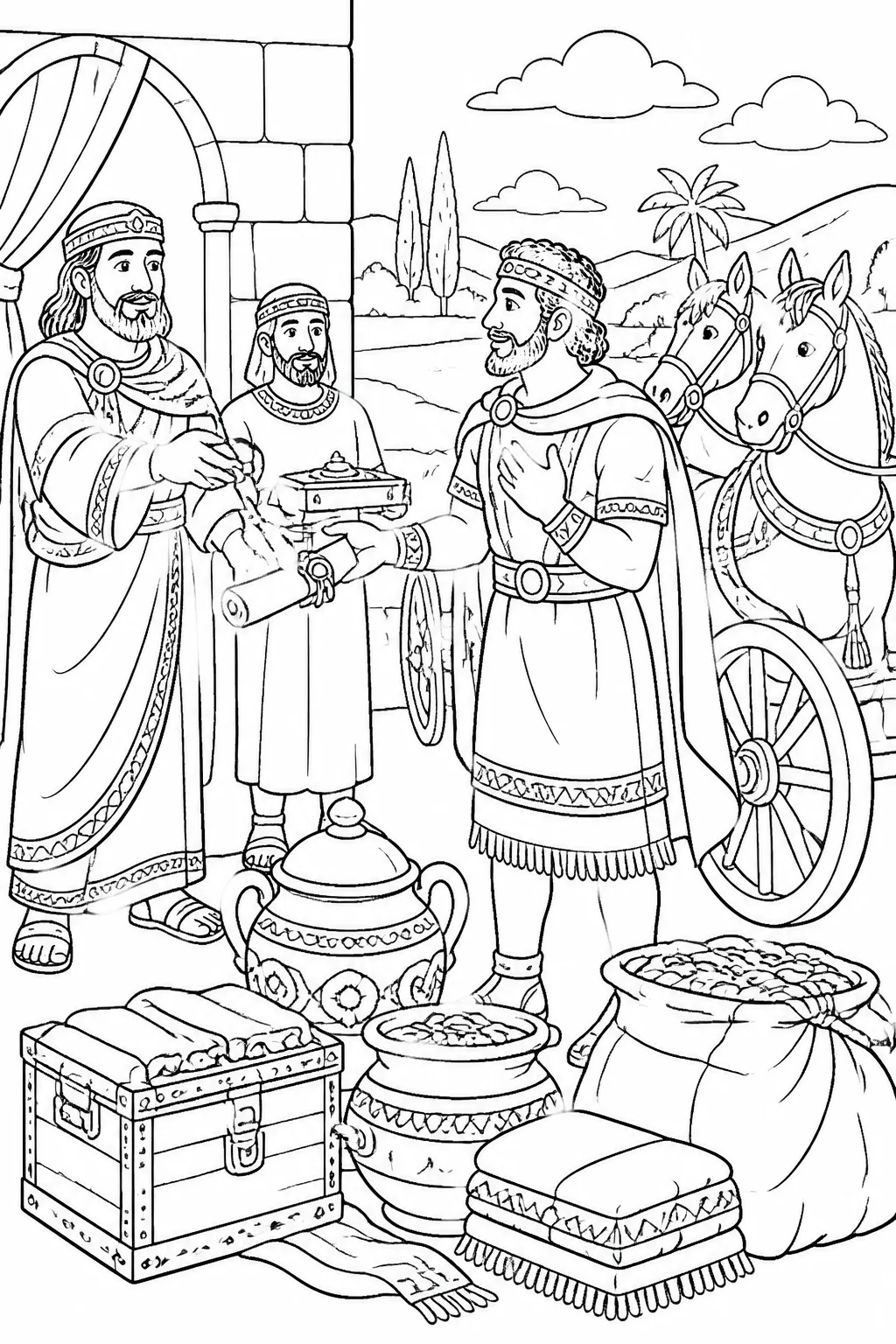Naaman prepares to travel to Israel with the king of Aram’s letter, horses or chariots, silver, gold, and changes of clothing.