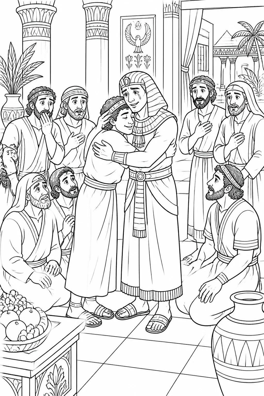Joseph reveals his identity to his brothers in his Egyptian residence; Benjamin embraces him while the brothers listen.