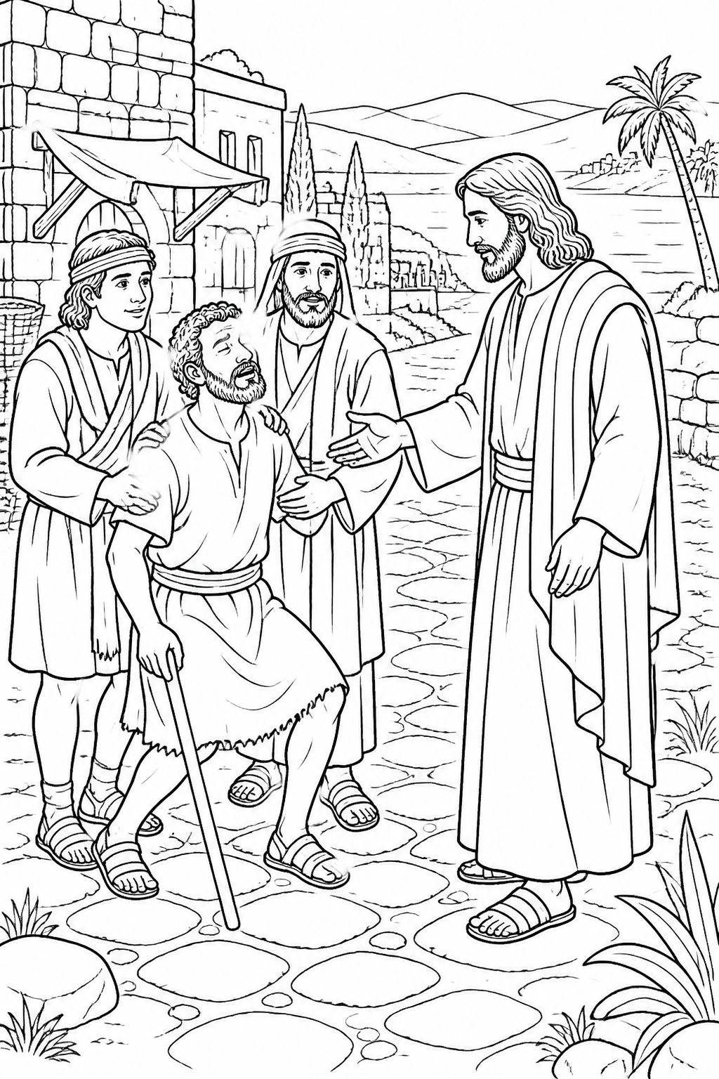 The Man Is Brought to Jesus from Jesus Heals a Blind Man at Bethsaida Bible coloring page