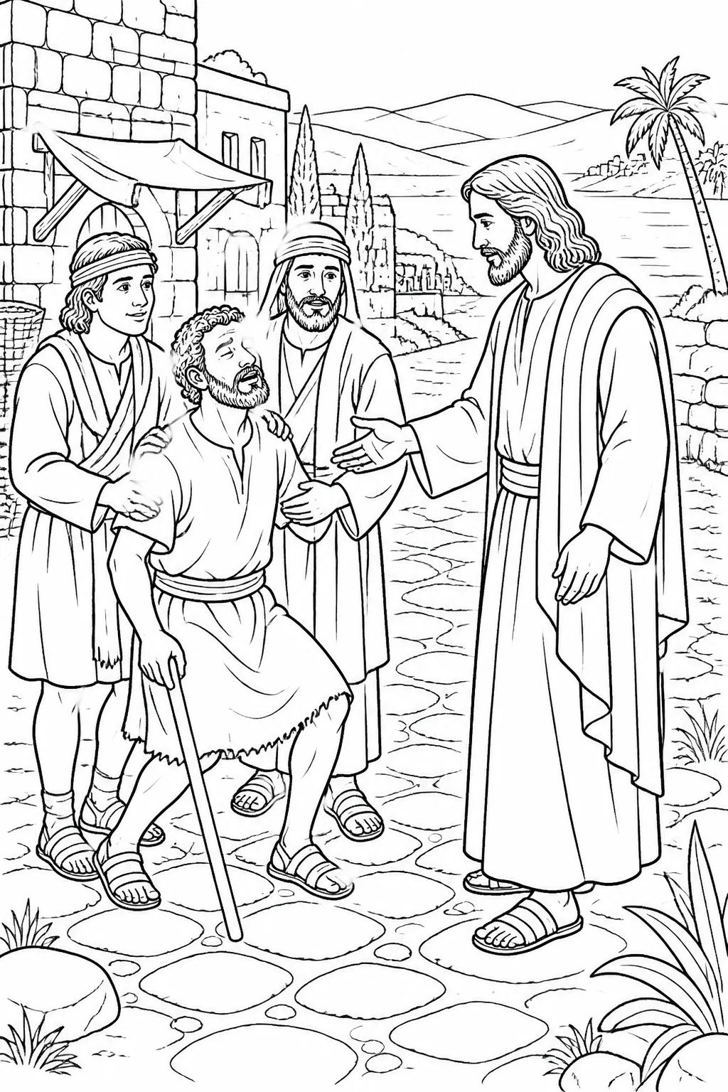 Jesus with a blind man and unnamed people bringing him to Jesus in Bethsaida, based on Mark 8:22.